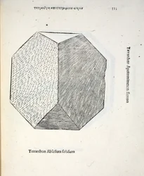 Tetraedron cut off solid, illustration från "Divine Proportion" av Luca Pacioli (ca 1445-1517), ursprungligen pub. Venedig, 1509